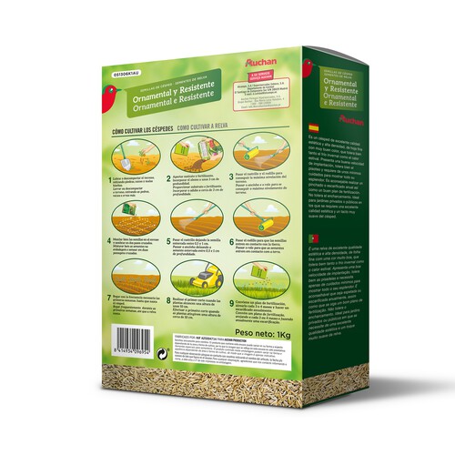 Caja de 1 kilogramo con semillas para plantar cesped ornamental muy resistente al pisoteo PRODUCTO ALCAMPO.