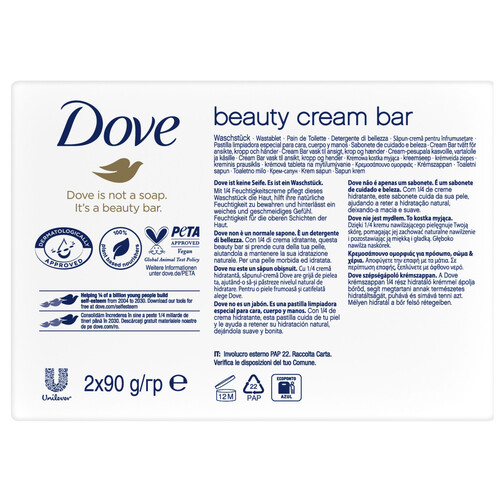 DOVE Beauty Pastilla de jabón de tocador con 1/4 de crema hidratante  2 x 90 g.