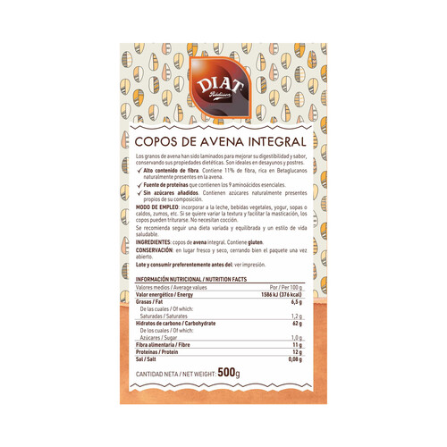 DIAT RADISSON Copos de avena integral, con alto contenido en fibra 500 g.