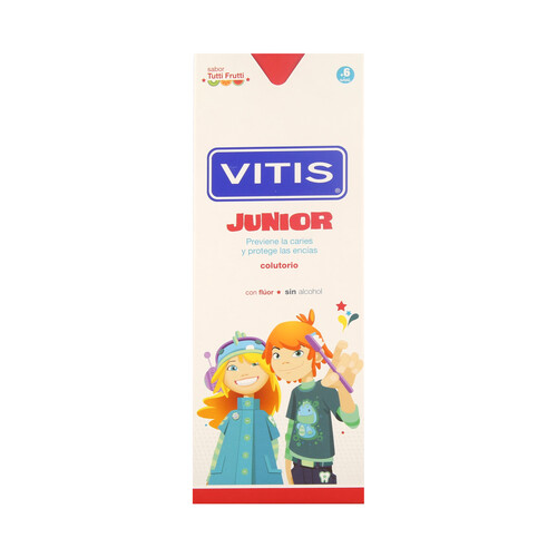 VITIS Enjuague bucal diario, con flúor y sin alcohol, con sabor a Tutti Frutti, a partir de 6 años VITIS Junior 500 ml.