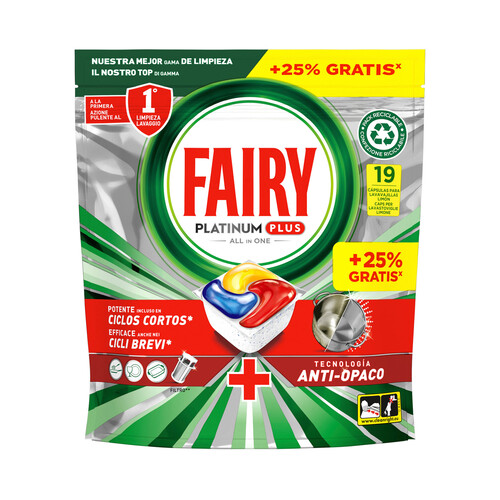 FAIRY Platinum plus Detergente todo en uno para lavavajillas en cápsulas, tecnología anti-opaco 19 uds.