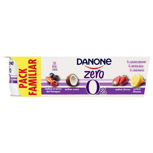 DANONE Zero 0% Yogur desnatado de sabores surtidos frutos del bosque (2), coco (2), fresa (2) y limón (2) 8 x 120 g.