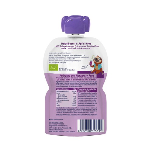 HIPP Bio Bolsita de smoothie de arándanos, con manzana y pera, ecológicas, a partir de 6 meses 120 ml.