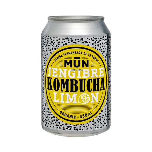 MUN Bebida fermentada de té verde ecológico (Kombucha) con limón y jengibre lata 33 cl.