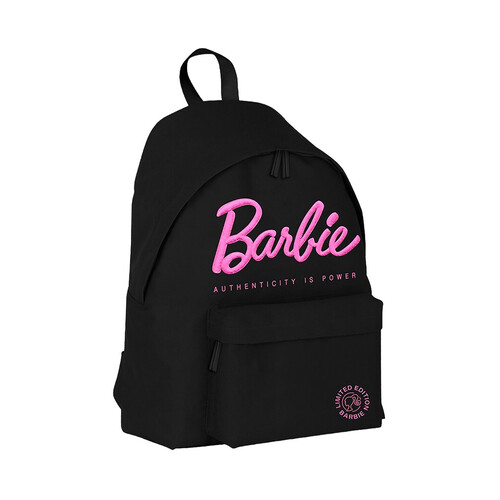 Mochila juvenil, varios compartimentos, color negro y rosa, barbie.