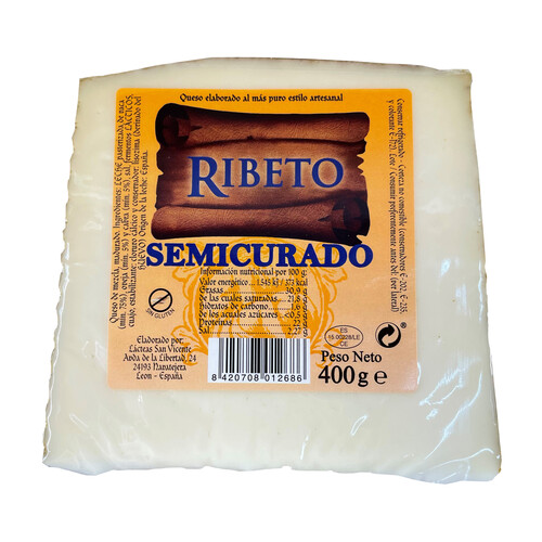 RIBETO Cuña de queso semicurado elaborado de forma artesanal RIBETO 400 g.