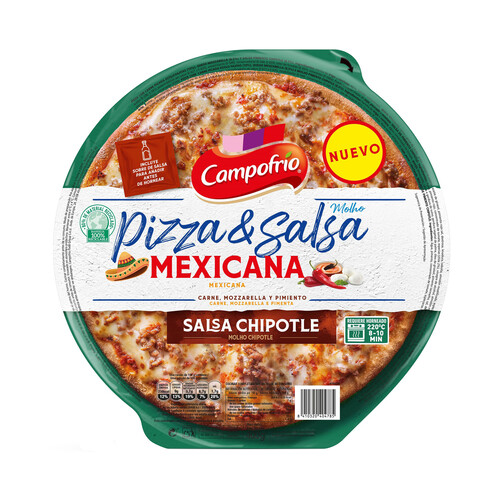 CAMPOFRÍO Pizza & salsa Pizza mexicana (carne, mozarella y pimiento), con salsa chipotle 400 g.