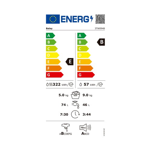 Lavadora secadora BALAY 3TW-094B, capacidad lavado/secado: 9KG/6KG, clasificación energética: E, 1400RPM, H: 84,8cm, A: 58,8cm, F: 59cm.