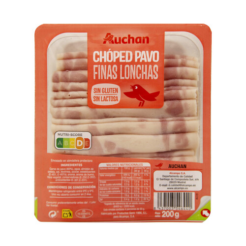 AUCHAN Chopped de pavo sin gluten y sin lactosa, cortado en finas lonchas 200 g. Producto Alcampo