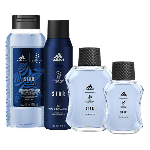 ADIDAS Uefa champions league Estuche con colonia y productos para la higiene masculina con fragancia cítrica.