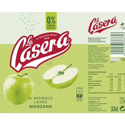 LA CASERA Refresco ligero (gaseosa) sabor manzana lata 33 cl.