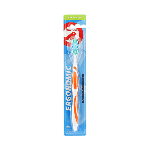 PRODUCTO ALCAMPO Cepillo de dientes con raspador de lengua y filamentos suaves AUCHAN Ergonomic.