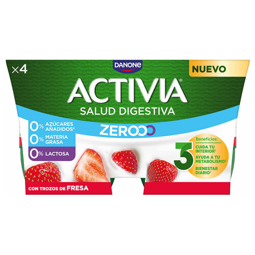 ACTIVIA Triple zero de Danone Bífidus desnatado (0% materia grasa), sin lactosa y con trocitos de fresa 4 x 120 g.