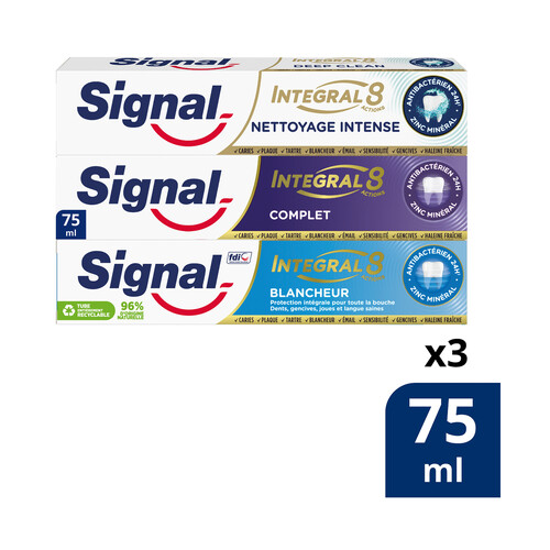 SIGNAL Integral 8 Pasta de dientes para un cuidado bucal integral y una limpieza intensa 3 x 75 ml.