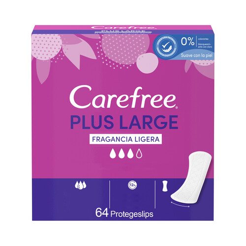 CAREFREE Salvaslips extra largos, super absorbentes y con fragancia ligera CAREFREE Plus large 64 uds.