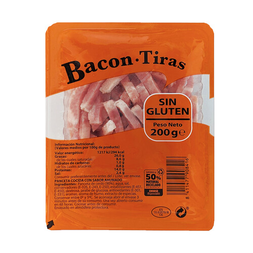 MONELLS Tiras de bacon con sabor ahumado 200 g.