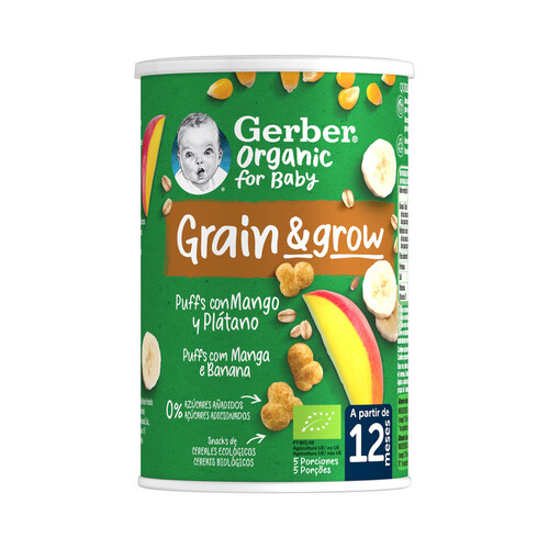 GERBER Organic Snacks (puffs) de cereales ecológicos, con mango y plátano, a paritr de 12 meses 35 g.