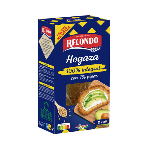 RECONDO Pan tostado hogaza (100% integral) con 7% de pipas 240 g.