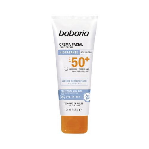 BABARIA Protector solar facial hidratante, con FPS 50+ (muy alto), para todo tipo de pieles 75 ml.