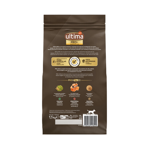 ULTIMA Pro + Alimenntación para perros pequeños 10 kg, con salmón, alto en proteínas y sin azúcares añadidos, 1,1 kg. 