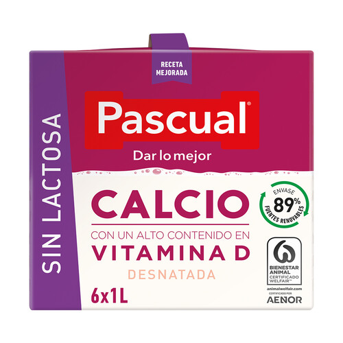 PASCUAL Leche de vaca desnatada con calcio, sin lactosa y con vitamina D PASCUAL Calcio 6 x 1 l.