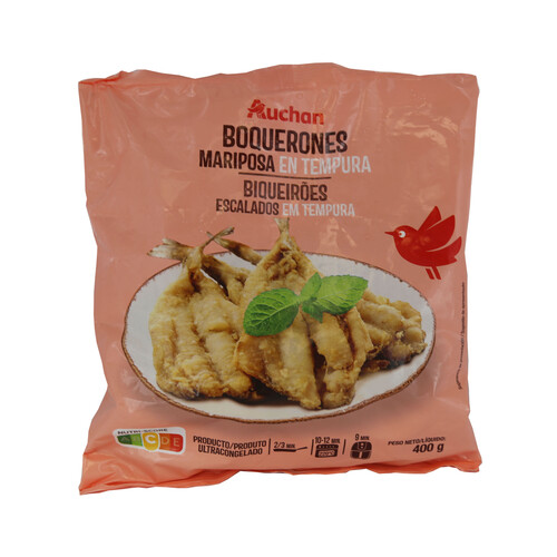 AUCHAN Boquerones abiertos en mariposa limpios y sin espinas recubiertos de una fina capa de tempura muy crujiente 400 g. Producto Alcampo