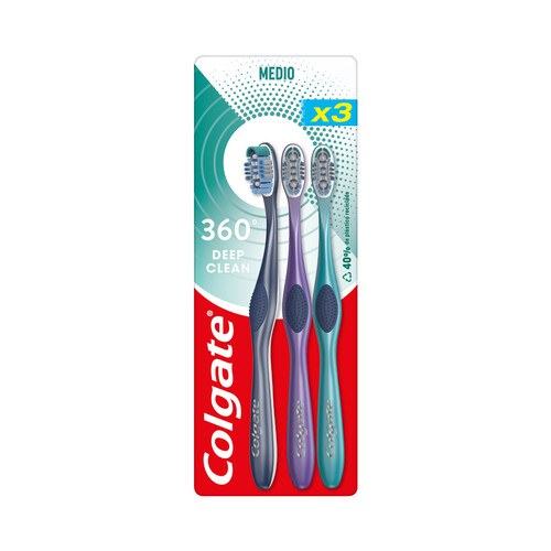 COLGATE 360º Cepillo de dientes medio, con 4 zonas de acción que ayudan a eliminar las bacterias bucales 3 uds.