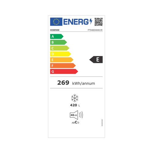 Arcón congelador HISENSE FT546D4AWLYE, clasificación energética: E, H: 85cm,A: 144,8cm, F: 72,1cm, capacidad total: 420L.