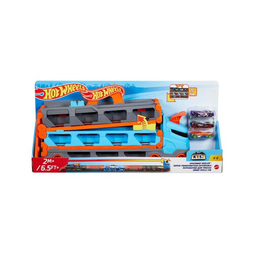 Camión de transporte convertible en pista para coches de juguete, almacena 20 vehículos, incluye 3 die-casts, HOT WHEELS MATTEL GVG37.