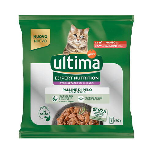 ULTIMA Expert nutrition Alimento para gatos adultos esterilizados (1-10 años) propensos desarrollo bolas de pelo 4 x 70 g.