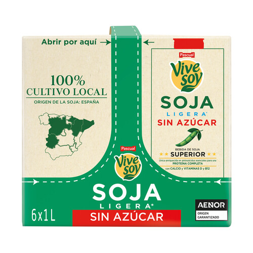 VIVESOY de Pascual Bebida vegetal de soja ligera, sin azúcar 6 x 1 l.