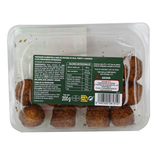 AUCHAN Albóndigas vegetales a base de soja, tomate y albahaca Veggie 200 g. Producto Alcampo