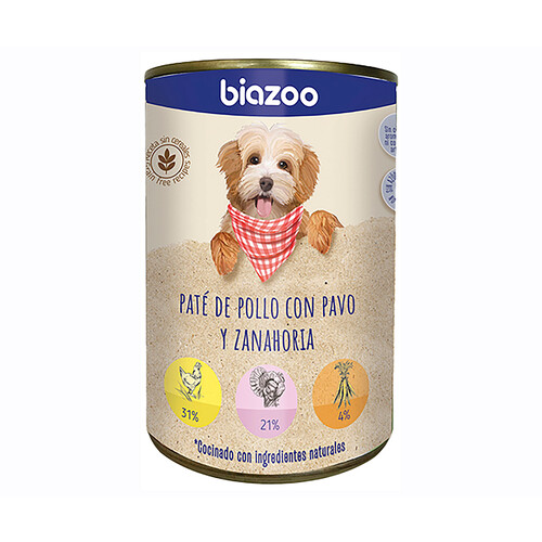 BIAZOO Alimentación lata perro de pate, pollo con pavo y zanahoria 395 g.