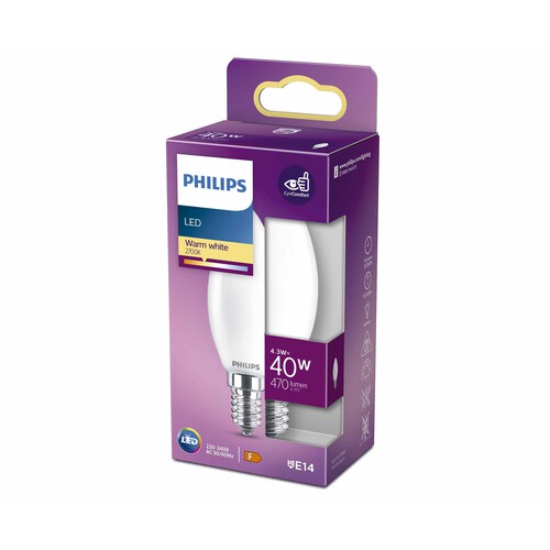 Bombilla Led E14, 4,3W=40W, luz cálida 2700K, 470lm, PHILIPS.