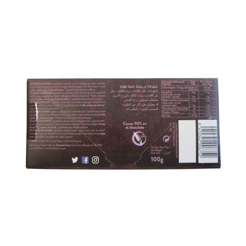 TORRAS Chocolate negro Organic ecológico ( 90% cacao) TORRAS 100 g.