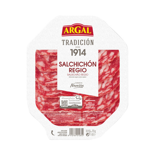 ARGAL Salchichón regio de origen navarro, sin gluten y cortado en finas lonchas ARGAR Tradición 70 g.