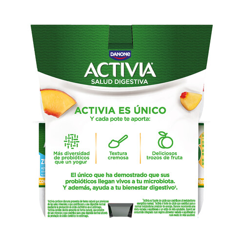 ACTIVIA  de Danone Bífidus desnatado (0% materia grasa) con trozos de melocotón 8 x 120 g.