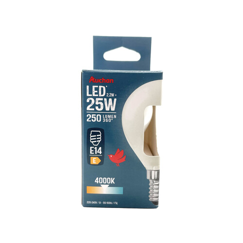 Bombilla Led esférica E14, 25W, luz fría, 250lm, cristal mate, PRODUCTO ALCAMPO.