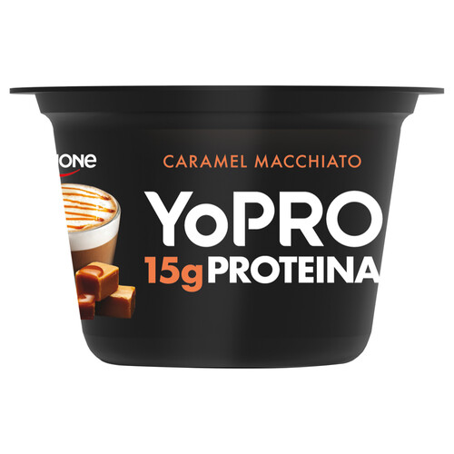 YOPRO Yogur con sabor a caramelo y café macchiato, con proteínas y sin azúcares añadidos ni grasa de Danone 2 x 160 g.