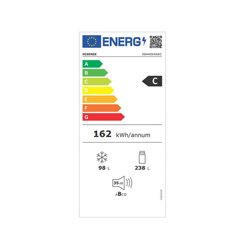 Frigorífico combi 201cm HISENSE RB440N4AWC NO FROST, clasificación energética: C, H: 201cm, A: 59,5cm, F: 57,9cm, capacidad total: 336L.