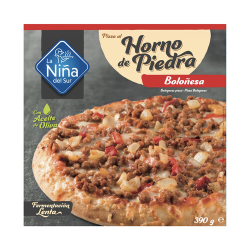 LA NIÑA DEL SUR Pizza Boloñesa (vacuno, salsa de tomate, Edam y Mozzarella) hecha al horno de piedra 390 g.