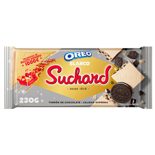 SUCHARD Turrón de chocolate blanco con trozos de galleta con cacao (Oreo) y arroz inflado 230 g.