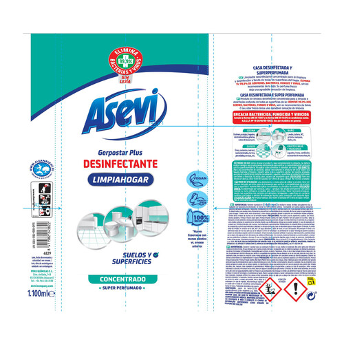 ASEVI Limpia hogar desinfectante concentrado para una limpieza y desinfección de todas las superficies y suelos del hogar 1100 ml.
