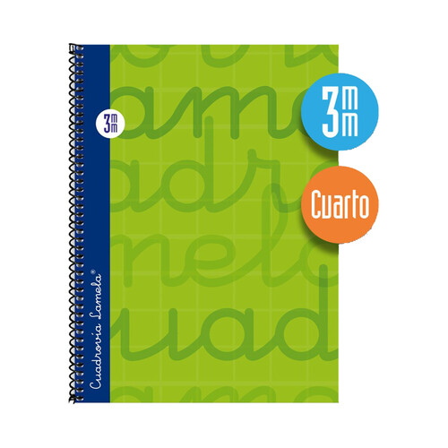 Cuaderno de espiral tamaño cuarto con 80 hojas de cuadrovía 3mm. Cubierta extra dura color verde. EDITORIAL LAMELA.