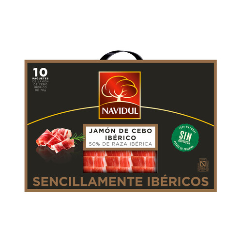 NAVIDUL Maletín con 10 sobres de 70 g. de jamón de cebo ibérico (50% raza ibérica), cortado en lonchas.