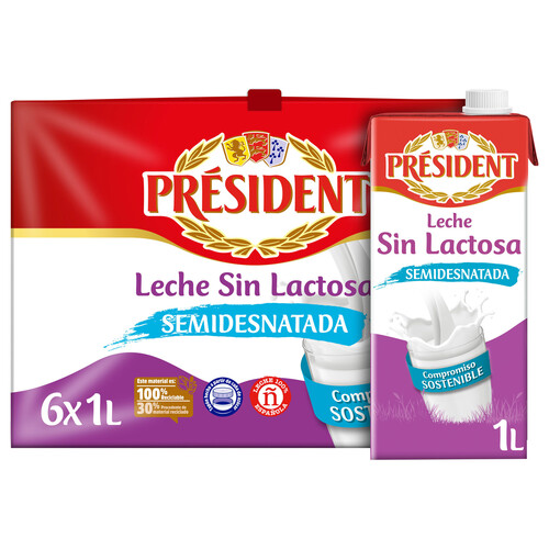 PRESIDENT Leche de vaca semidesnatada y sin lactosa de origen 100% española  6 x 1 l.