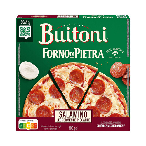 BUITONI Forno di piedra Pizza Salamino (tomate, queso y peperoni), con masa fina y crujiente 300 g.