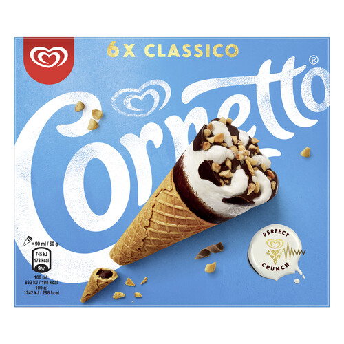 CORNETTO Conos de helado de leche, con trocitos de avellana 6 x 90 ml.