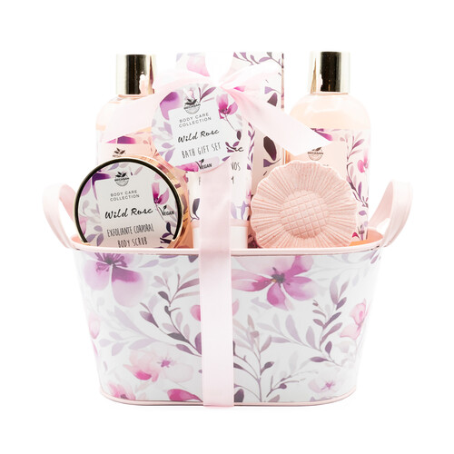 BECASAN NATURE Wild rose Cesta metalica con productos para la higiene y el cuidado personal.