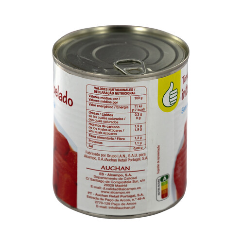 PRODUCTO ECONÓMICO ALCAMPO Tomate entero pelado, sin sal añadida 476 g.